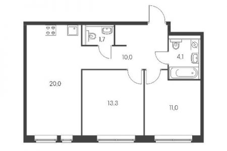 План двухкомнатной квартиры в доме серии ПИК 1