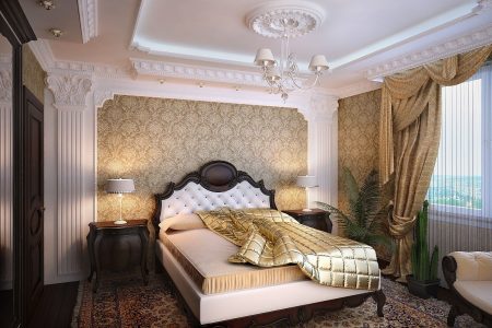 Лепнина на потолках и стенах классической спальни