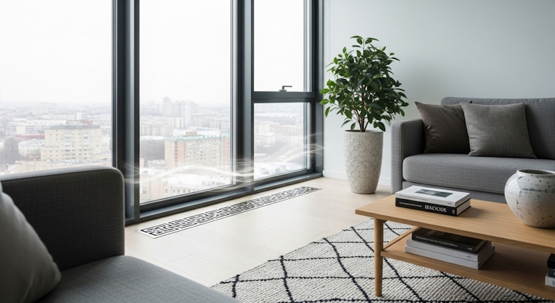 Внутрипольный конвектор с вентилятором в современной гостиной с панорамными окнами