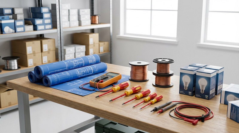 Изображение профессионального рабочего стола электрика в светлой студии: в центре разложены аккуратные рулоны чертежей с сх