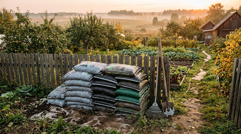 Мешки с торфом, перегноем и компостом на дачном участке в России