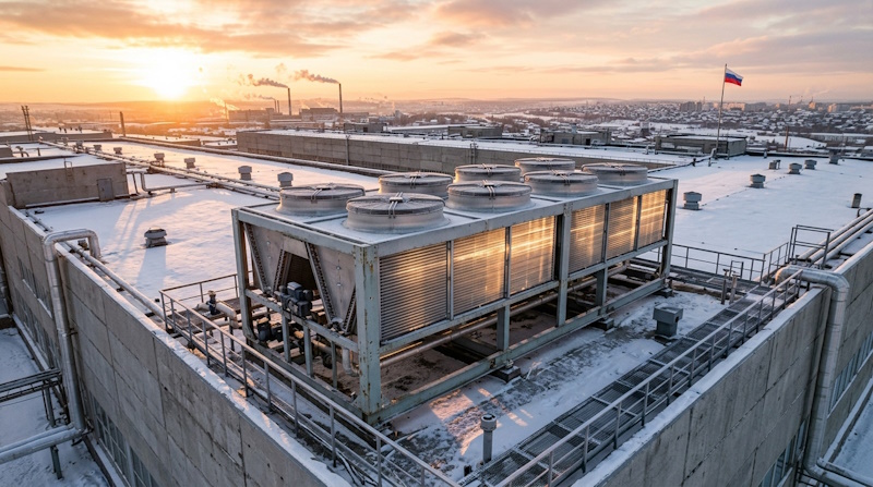 Драйкулер с чистыми теплообменниками на крыше промышленного здания в России