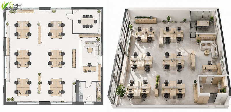 План офісу і реалізований open-space з робочими місцями
